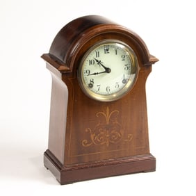 A Sessions marquetry inlaid mahogany mantel clock