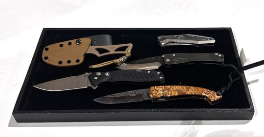 Five Contemporary outdoor, utility and sporting knives with cases