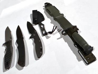 Five Contemporary outdoor, utility and sporting knives with cases, including Hinderer XM-18 3