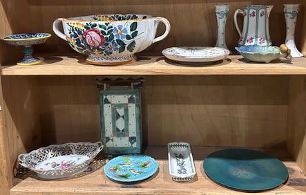 A collection of mostly European earthenware, including an Italian center bowl; a Portmerion tray;