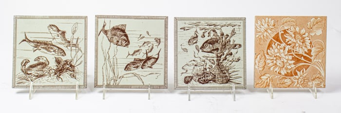 Three Minton Hollins & Co. ceramic tiles depicting fish