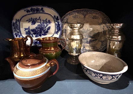 A group of English ceramic and glass: A group of English ceramic and glass, comprising Dedham pottery bowl with rabbits, 8"dia; Davenport flow blue platter in the 'Pekin' pattern; Staffordshire blue and white platter in the 'Chinese View'