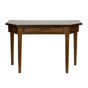 A contemporary trapezoidal table