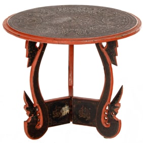 A Thai polychrome lacquered round low table with folding base