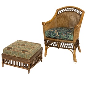 A McGuire style wicker chair with ottoman
