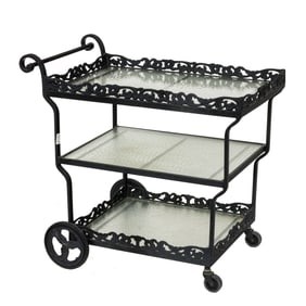 A Brown Jordan black painted and glass 'Elegance' three-tier outdoor tea cart