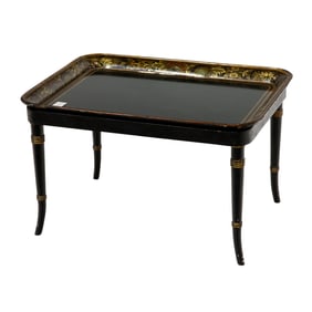An English papier mache tray on later ebonized stand