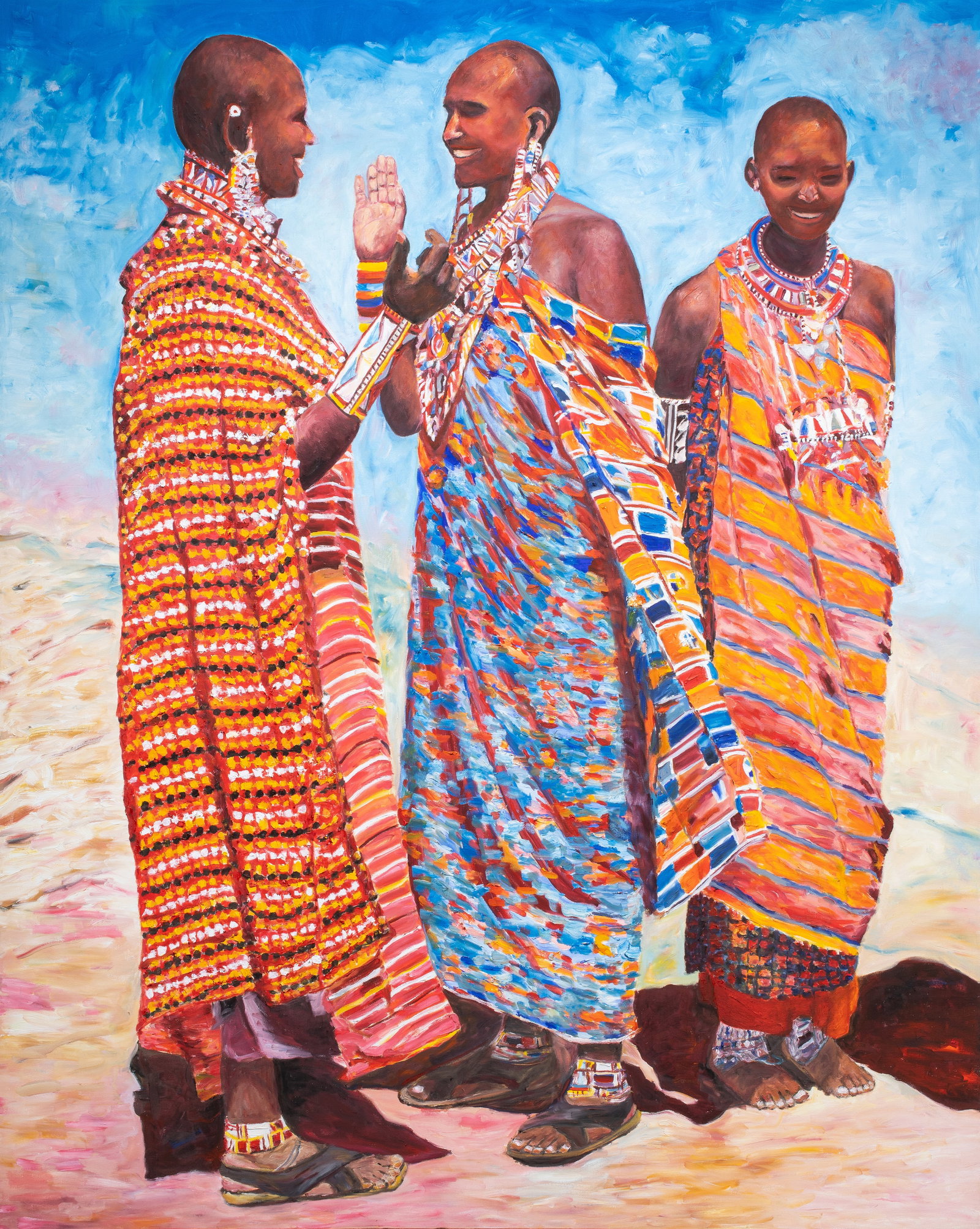 Painting, Natalie Ng: Natalie Ng (American, 20th/21st century), "Maasai Women, Amboseli, Kenya," 2011, acrylic on canvas, signed, dated, and titled along sides, canvas (unframed): 60"h x 48"w. Provenance: Private collectio