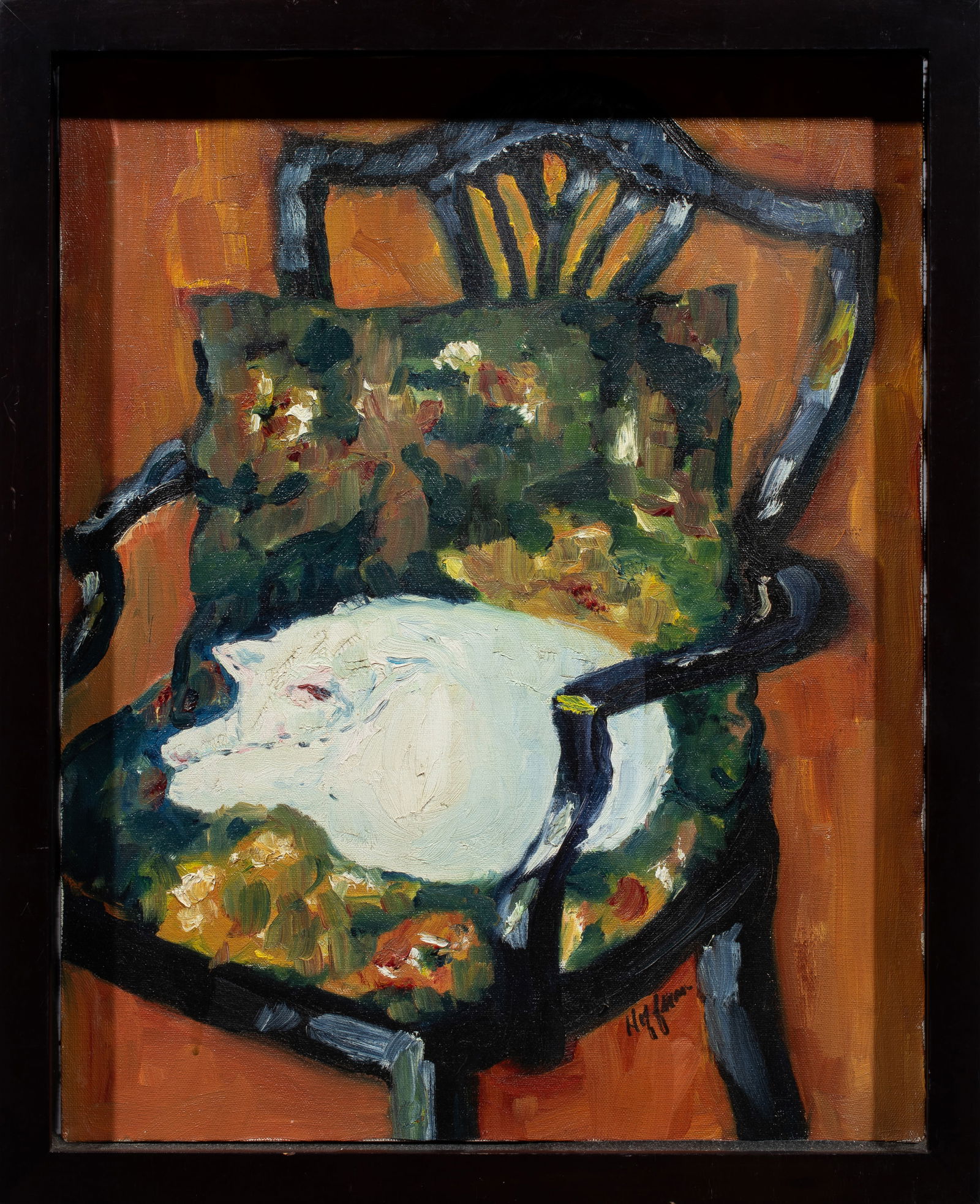 Painting, American School (20th century): American School (20th century), White Cat on a Chair, oil on canvas, signed "Hoffman" lower right, overall (with frame): 21.75"h x 17.75"w