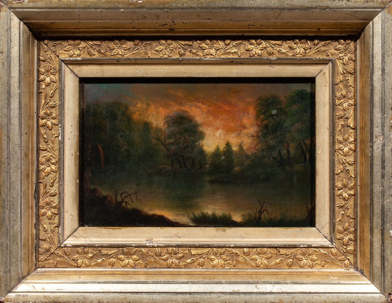 Painting, American School (20th century): American School (20th century), Twilight Lake, oil on board, unsigned, overall (with frame): 11.75"h x 15.25"w