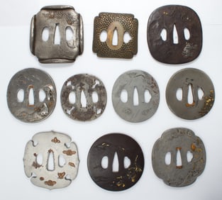 (lot of 9) Japanese mixed metal iron tsubas