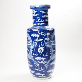 A Chinese blue and white 'dragon' rouleau vase