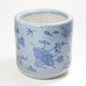 A Chinese blue-ground crackle brush pot