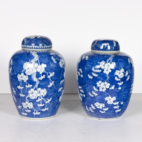(lot of 2) Chinese blue and white cracked-ice 'prunus' covered jars