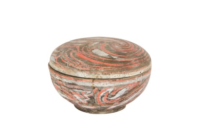 A Chinese painted terra cotta circular lidded box