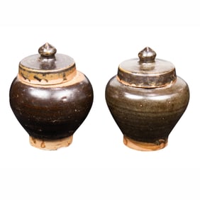 (lot of 2) Chinese brown glazed jars and covers