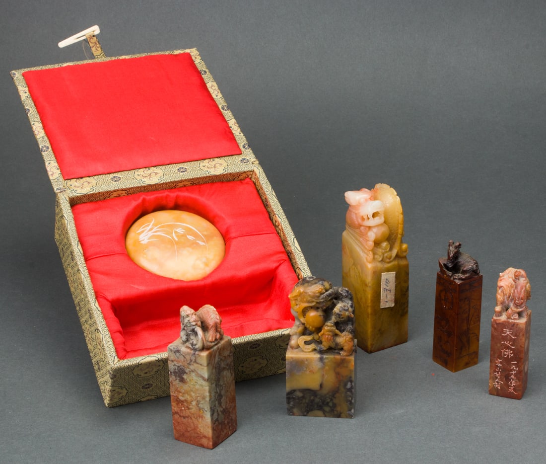 A Group of Chinese soapstone seals: A Group of Chinese soapstone seals. 4" tallest.