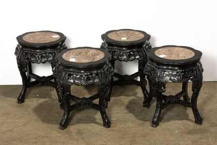(lot of 4) Chinese hardwood stools with inlaid marble top