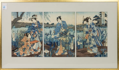 Toyohara Kunichika - Prince Genji and courtesans picking irises