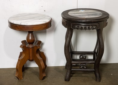 A pair of Chinese hardwood side tables with inlaid marble