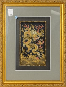 A Chinese embroidered and gilt thread 'dragon' panel