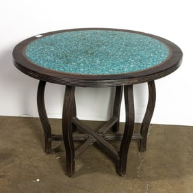 A Chinese hardwood circular table with a mosaic top