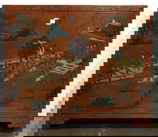 A Chinese lacquer cabinet with engraved design cabinet