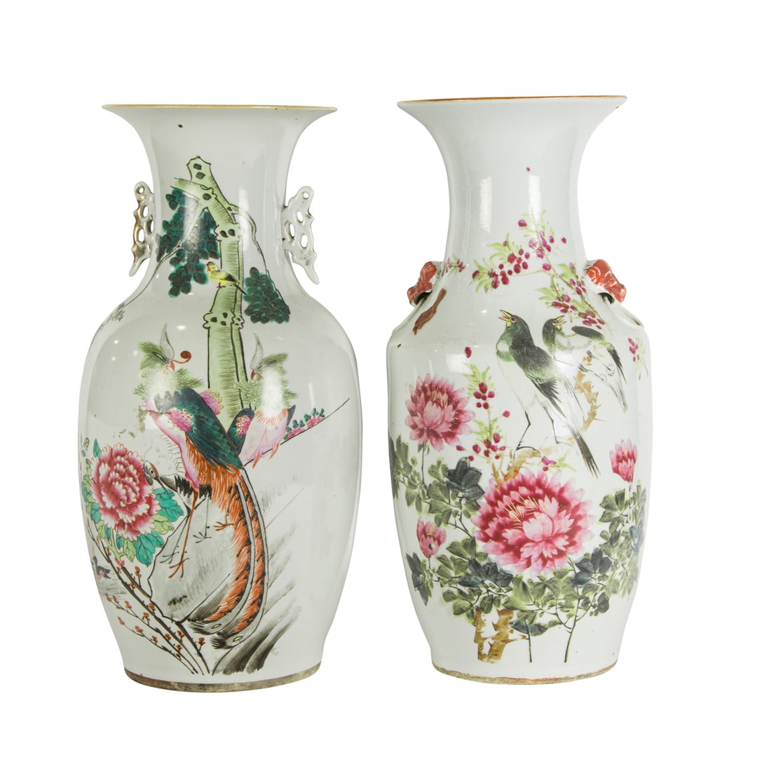 (lot of 2) Chinese famille rose vases: (lot of 2) Chinese famille rose vases. Featuring various birds, floral designs and calligraphy, late Qing period,17" high.