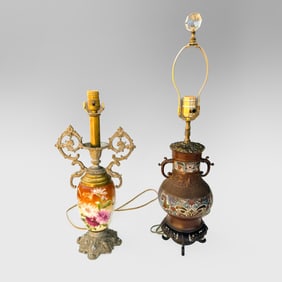 Two Japanese Cloisonne Bronze Vases Mounted Lamps