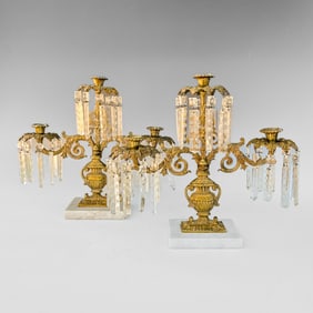 Pair of Victorian Girandole Centerpiece Candelabras with Cystal Prisms
