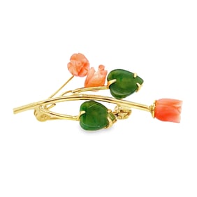 Jade, Coral and Yellow Gold Brooch