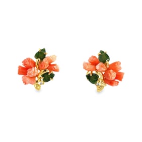 Jade, Coral, Diamond and Yellow Gold Stud Earrings
