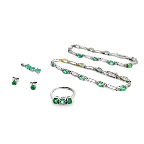 Emerald and Diamond Bracelets, Ring, Stud Earrings and Pendant Set