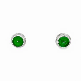 Natural Burmese Jade, Diamond and Platinum Stud Earrings