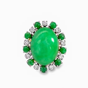 Authantic Jadeite Cabochon, Diamond and 14k Gold Holo Ring