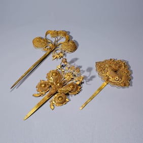 Set of Three Chinese Gilding Silver Hairpins
