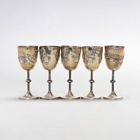 Chinese Silver Wine Cups with Dragons, Late Qing Dynasty