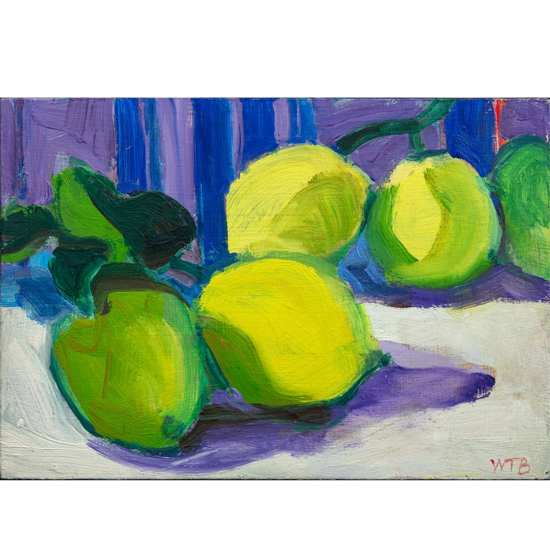 Painting, William Theophilus Brown: William Theophilus Brown (American, 1919-2012), "Citrons (Lemons)," circa 1963, oil on board, initialed lower right, gallery label (Galerie Claude Bernard, Paris, France) affixed verso, board: 6"h x 8
