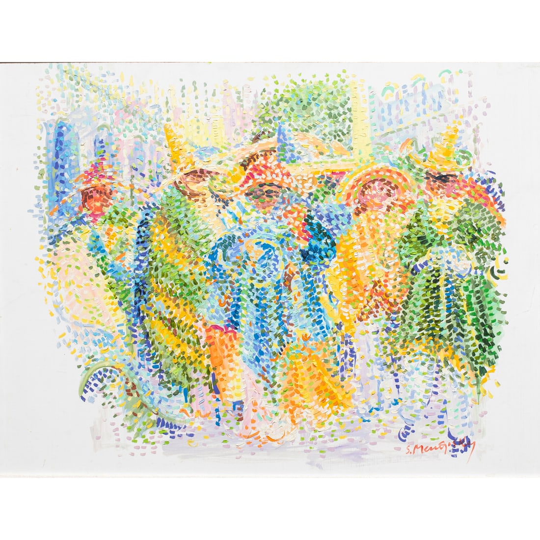 Painting, Serge Mendjisky: Serge Mendjisky (French, 1929-2017), Carnaval a Venise (Carnival in Venice), circa 1990, oil on masonite, signed lower right, board: 19.69"h x 25.59"w (50 x 65 cm), overall (with frame): 26.5"h x 32.5