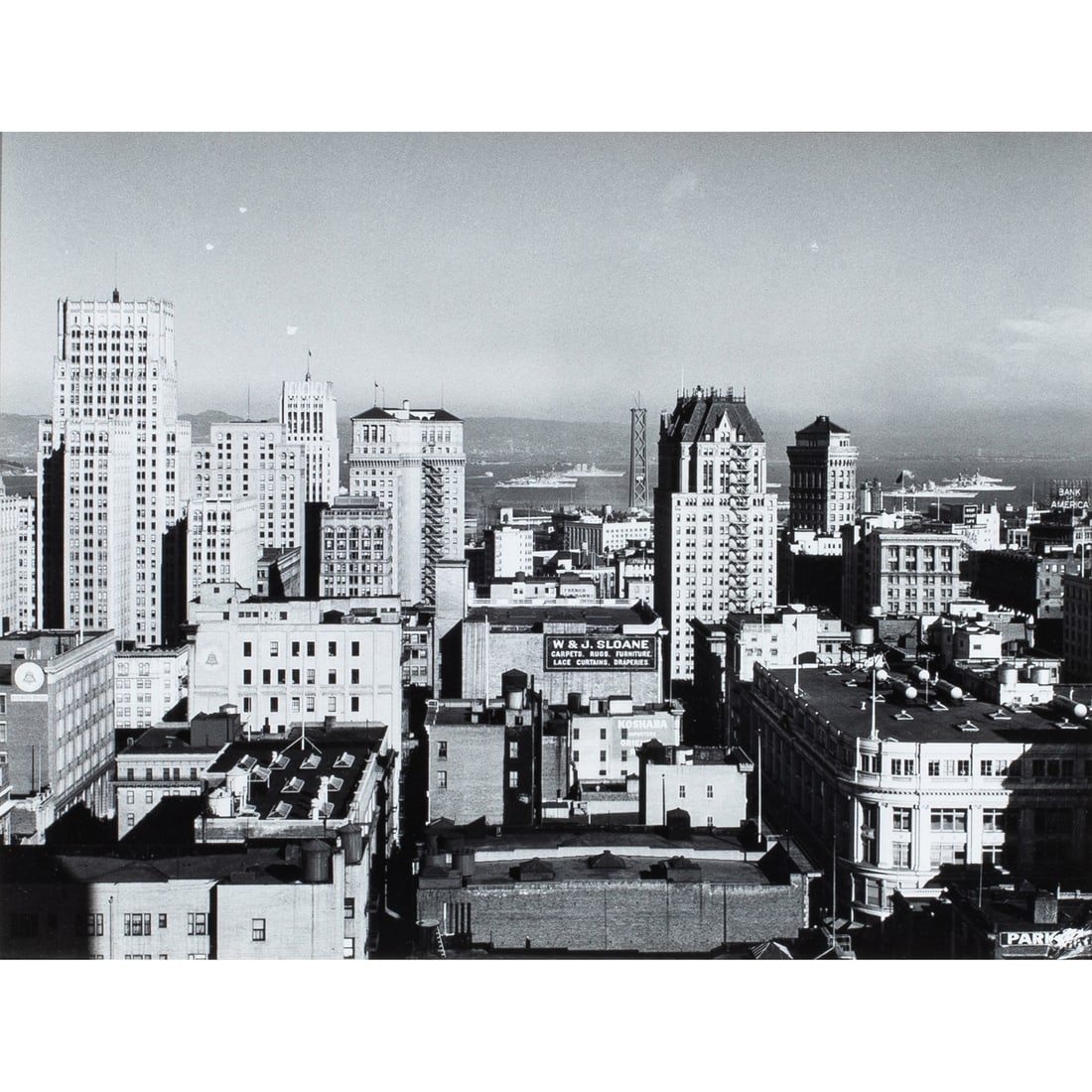 Photograph, John Gutmann: John Gutmann (American/German, 1905-1998), "Looking Down from Nob Hill at San Francisco Bay with First Bay Bridge Tower and the Fleet," 1934, gelatin silver print, likely later printing, image: 9.75"h