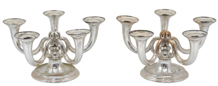 A Modern German pair of 830 silver three light candelabra