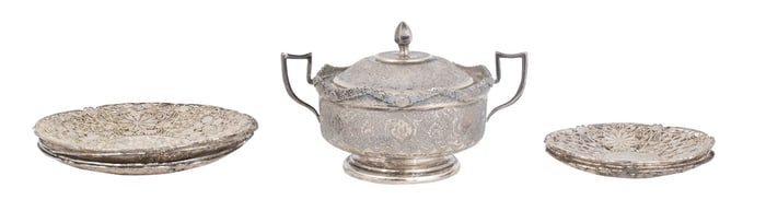 A Persian silver sugar bowl and six silver filgree dishes