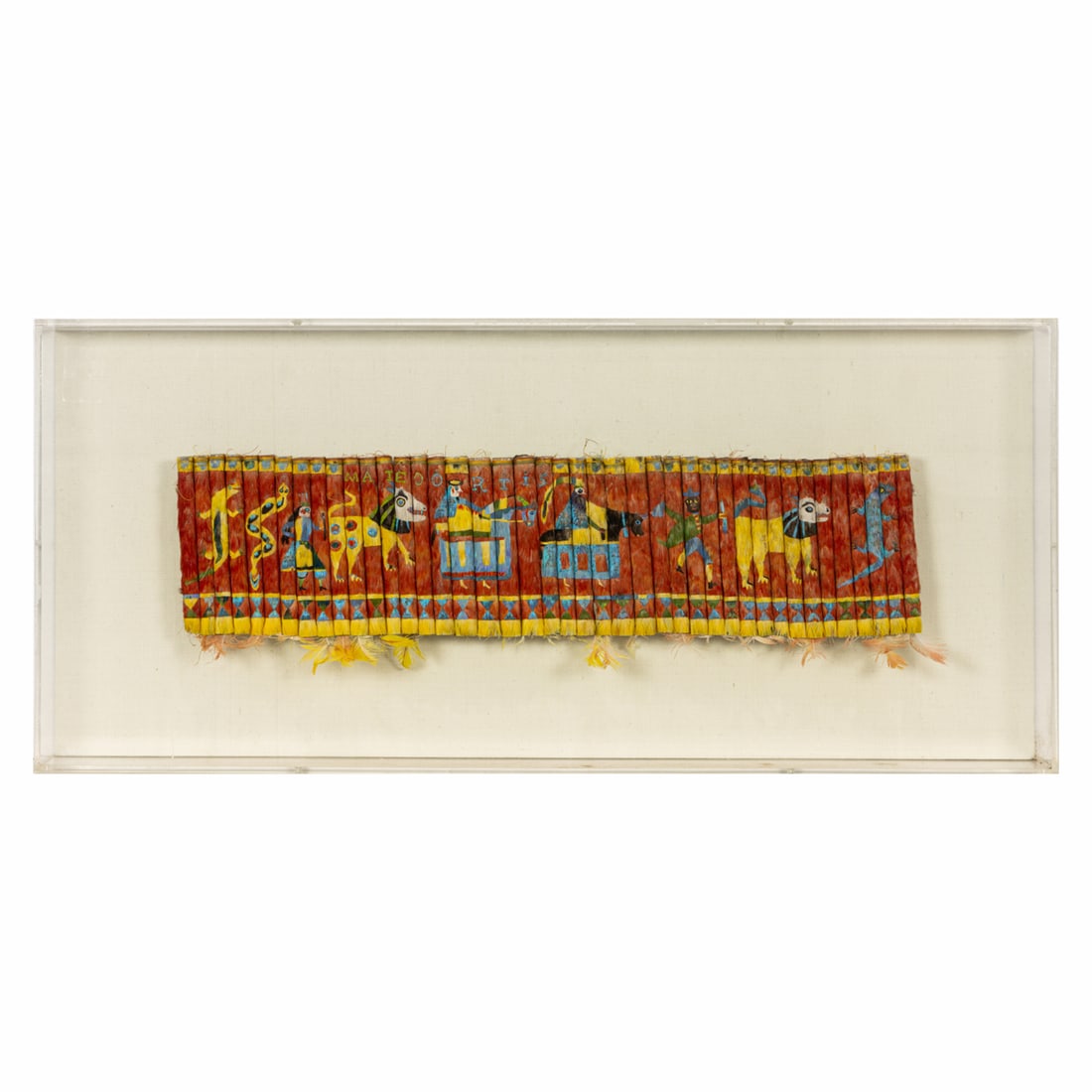 An Aymara People feather mosaic dance ornament or shoulder decoration: An Aymara People feather mosaic dance ornament or shoulder decoration, Lake Titicaca, Bolivia, 20th century, overall (with frame): 14.5"h x 32.5"w