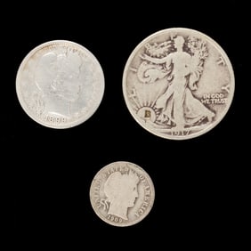 A Lot of silver coins including a roll of (20) Walking Liberty half dollars, (42) Barber dimes and a