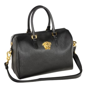 A Versace 'Boston' black saffiano leather top handle bag with gold tone Medusa hardware