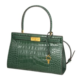 A Tory Burch 'Lee Radziwill' embossed crocodile Norwood green leather satchel handbag with tags