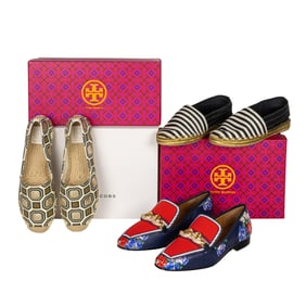 Three pairs of Tory Burch and Marc Jacobs women's shoes