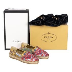 Two pairs of Gucci and Prada women's shoes with original boxes