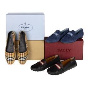 Three pairs of Burberry, Bally and Prada women's shoes