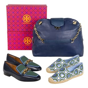 Two pairs of Tory Burch women's shoes and Tory Burch handbag